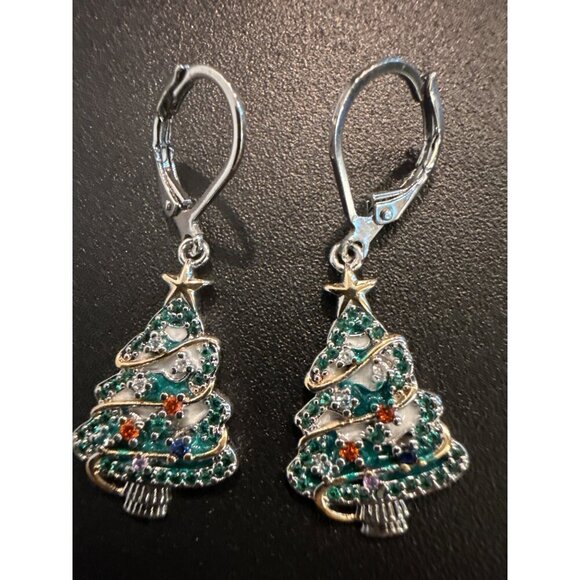 Christmas Tree Rhinestone Earrings Leverback Closure - Picture 6 of 6